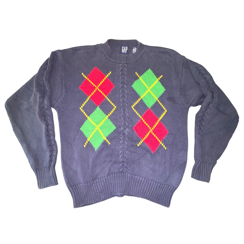 Gap Vintage 90's Argyle Sweater Large Navy Red Green 100% Cotton Made UK